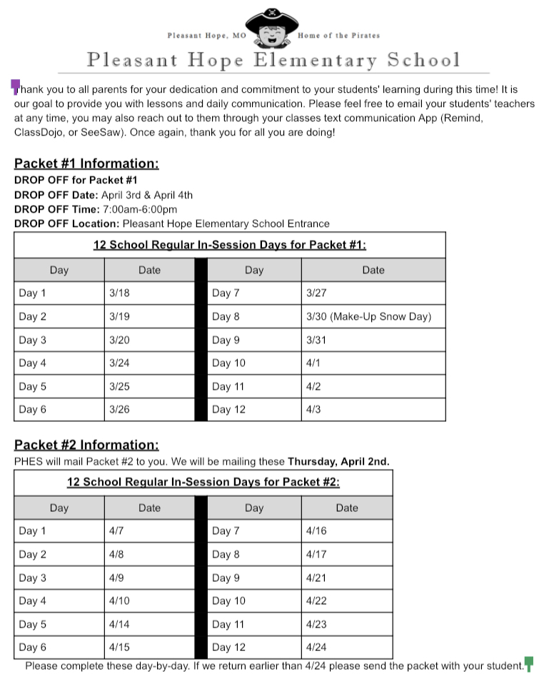PHES Packet 1 DROP OFF and Packet 2 Information